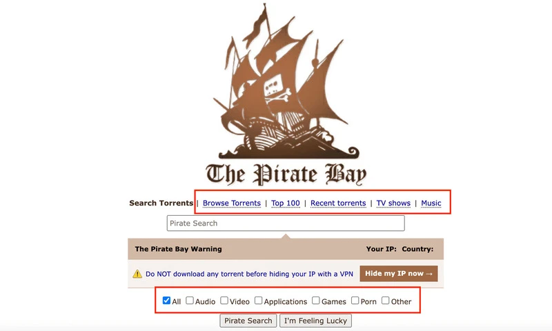 Categorias da baía dos piratas