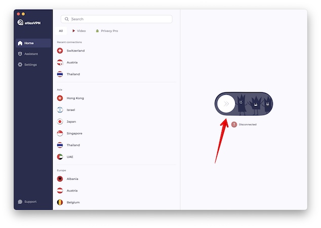 Toque no botão Desconectar no Atlas VPN